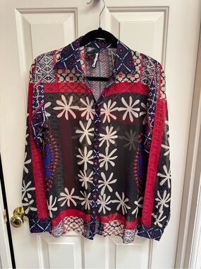Desigual Navy, Red & White Patterned Button-Up Blouse